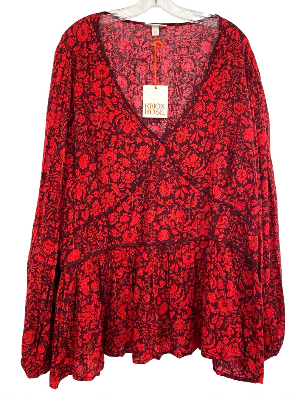 Knox Rose Red Floral Boho Peasant Blouse Top Size 3X New